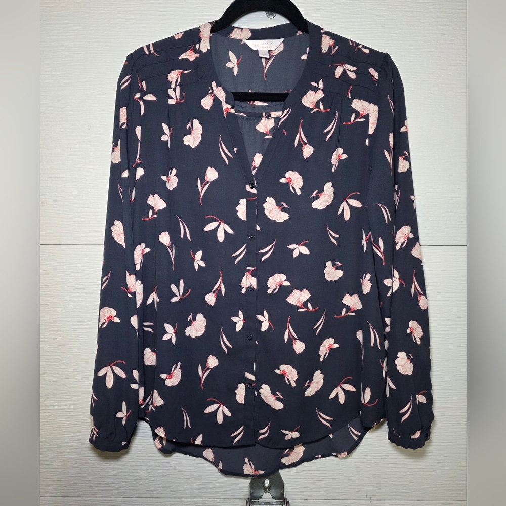 LC Lauren Conrad Navy Floral Button-Front Blouse
